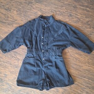 Zara Black Denim Short Utility Aviator Western Style Romper Button Up Adjustable